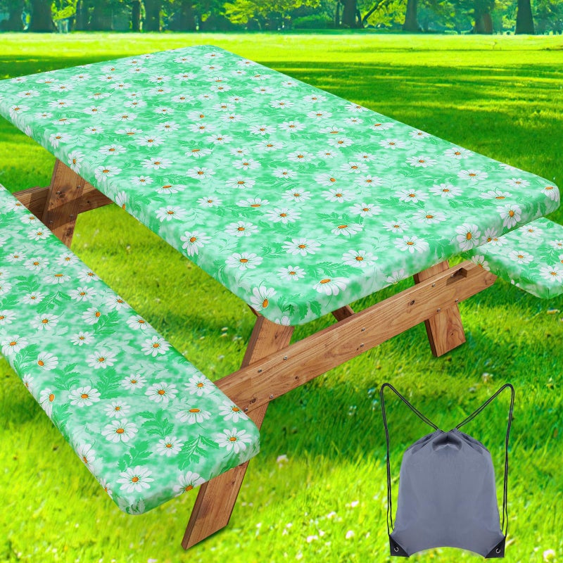 misaya Picnic Table Cover with Bench Cover  Waterproof Elastic Fitted Tablecloth for 6 Foot Tables  Rectangle Washable Polyester Tablecloths for Picnic  Camping  Outdoor (Green Daisy  30"" x 72"") - Image 1